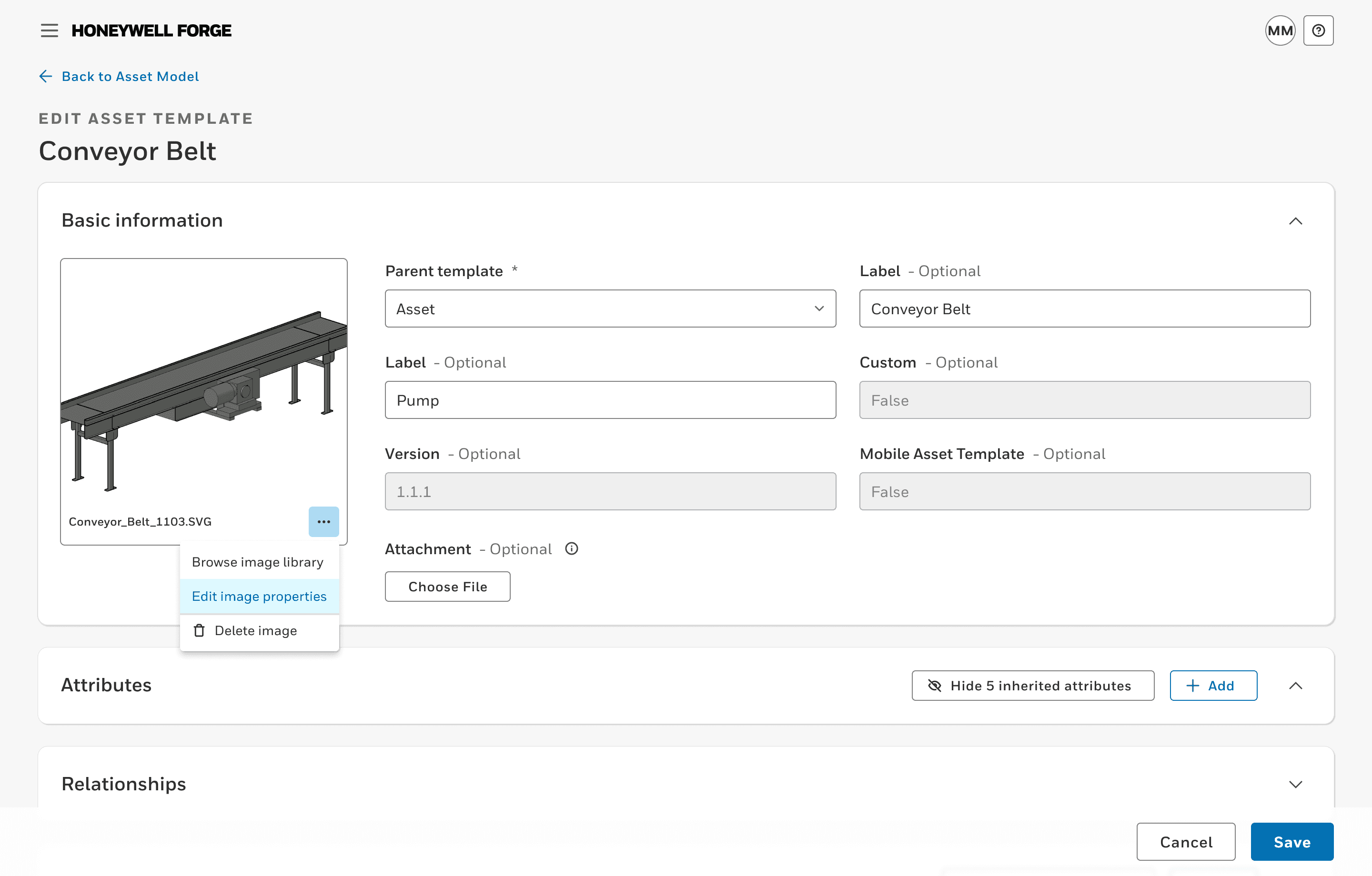 Select the Edit image properties menu item from the asset template