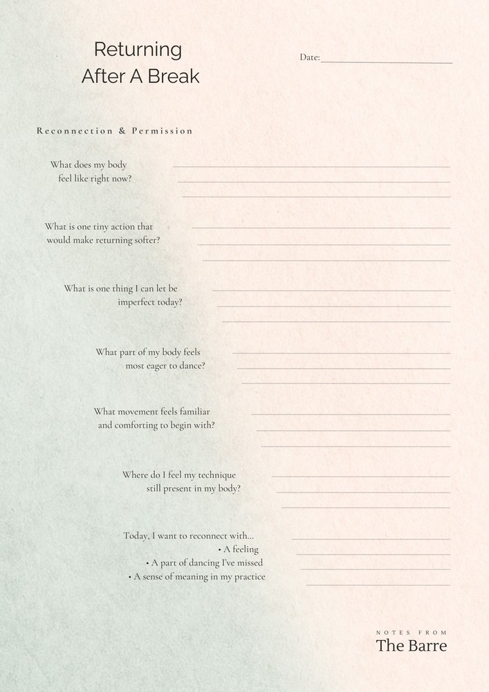 Printable Returning After a Break page for restarting ballet practice gently