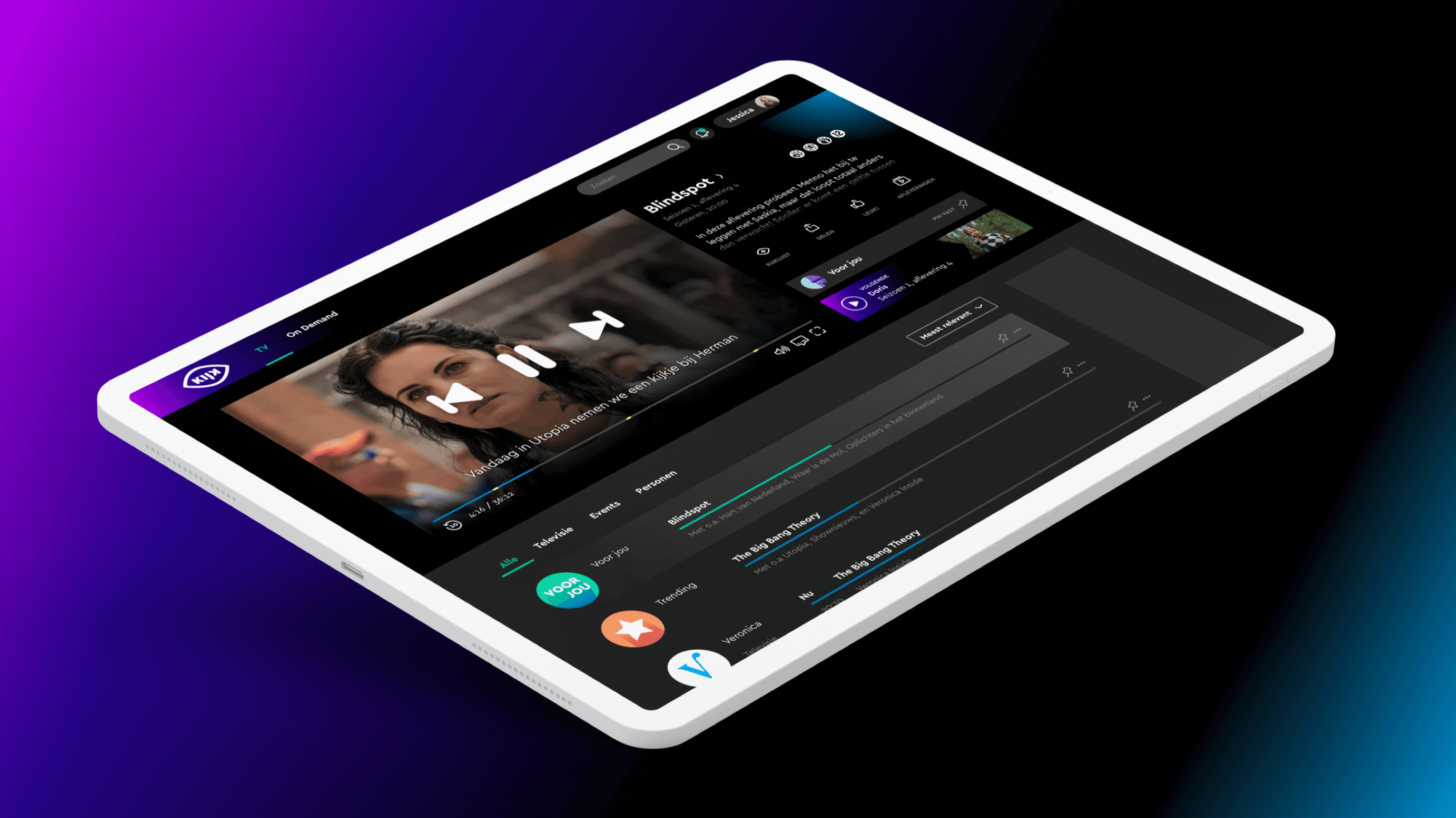 Talpa — tablet showing the KIJK streaming app in dark mode with a video player and content overview — Soda Studio case study