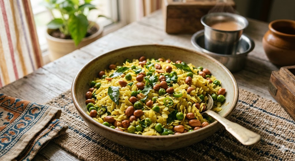 A wholesome bowl of traditional Indian Poha (flattened rice) with peanuts and peas, served on a rustic wooden table next to a filter coffee and idli, perfect for a cozy morning meal.