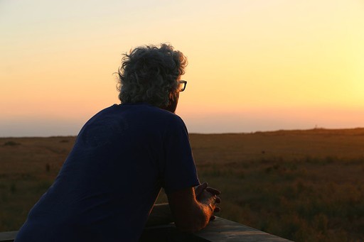 Ambigous photo of a man with curly hair and glasses looking out over a field
