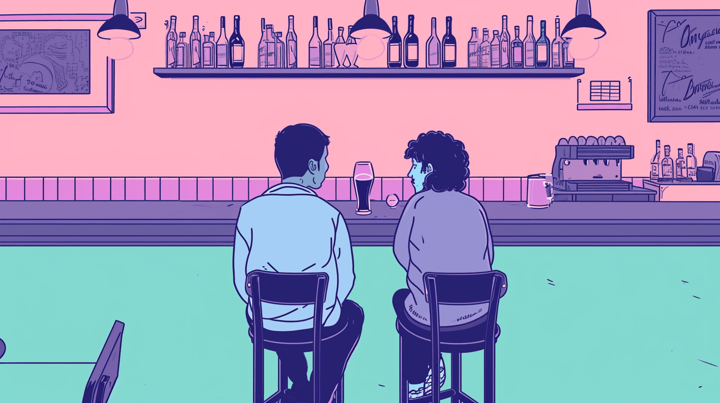 Two people sitting at a bar counter, one with a glass of beer, in a stylized illustration with pink and blue hues.