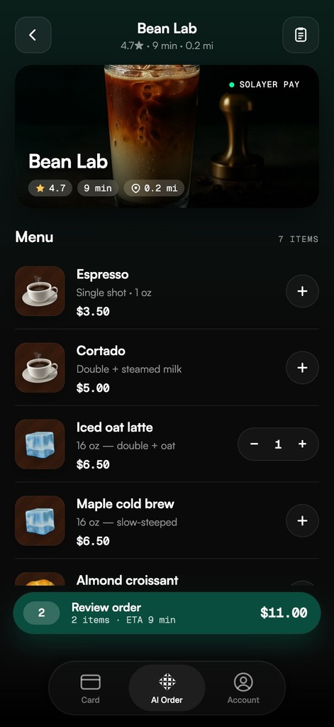 Menu with two items added and a review order bar