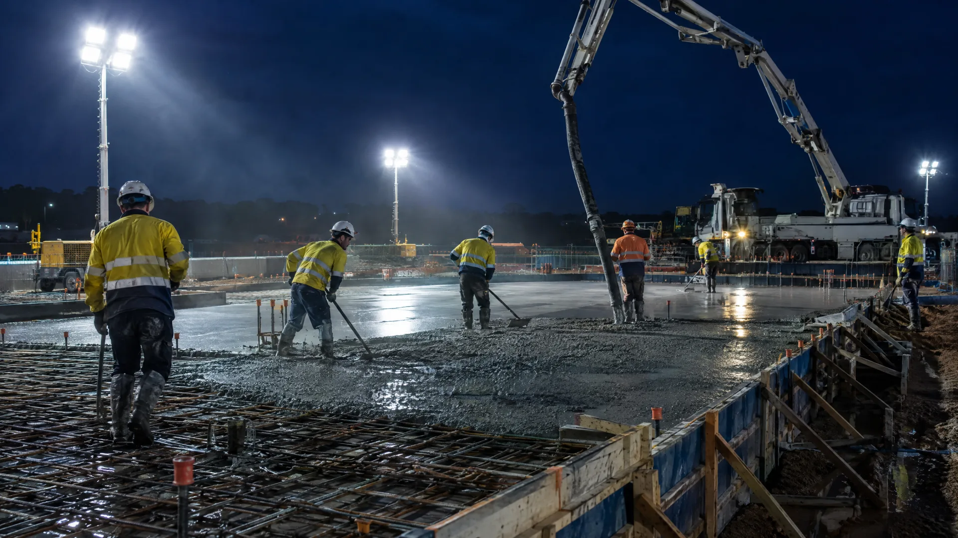 Night shift concrete pour under portable light towers in the early hours