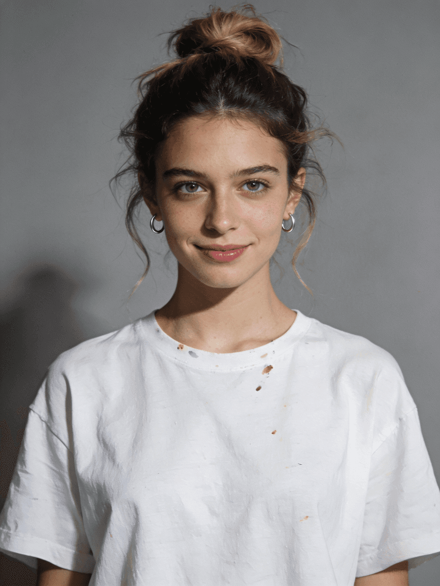 Portrait of a woman with a messy bun and hoop earrings wearing a white paint-splattered T-shirt against a gray background.