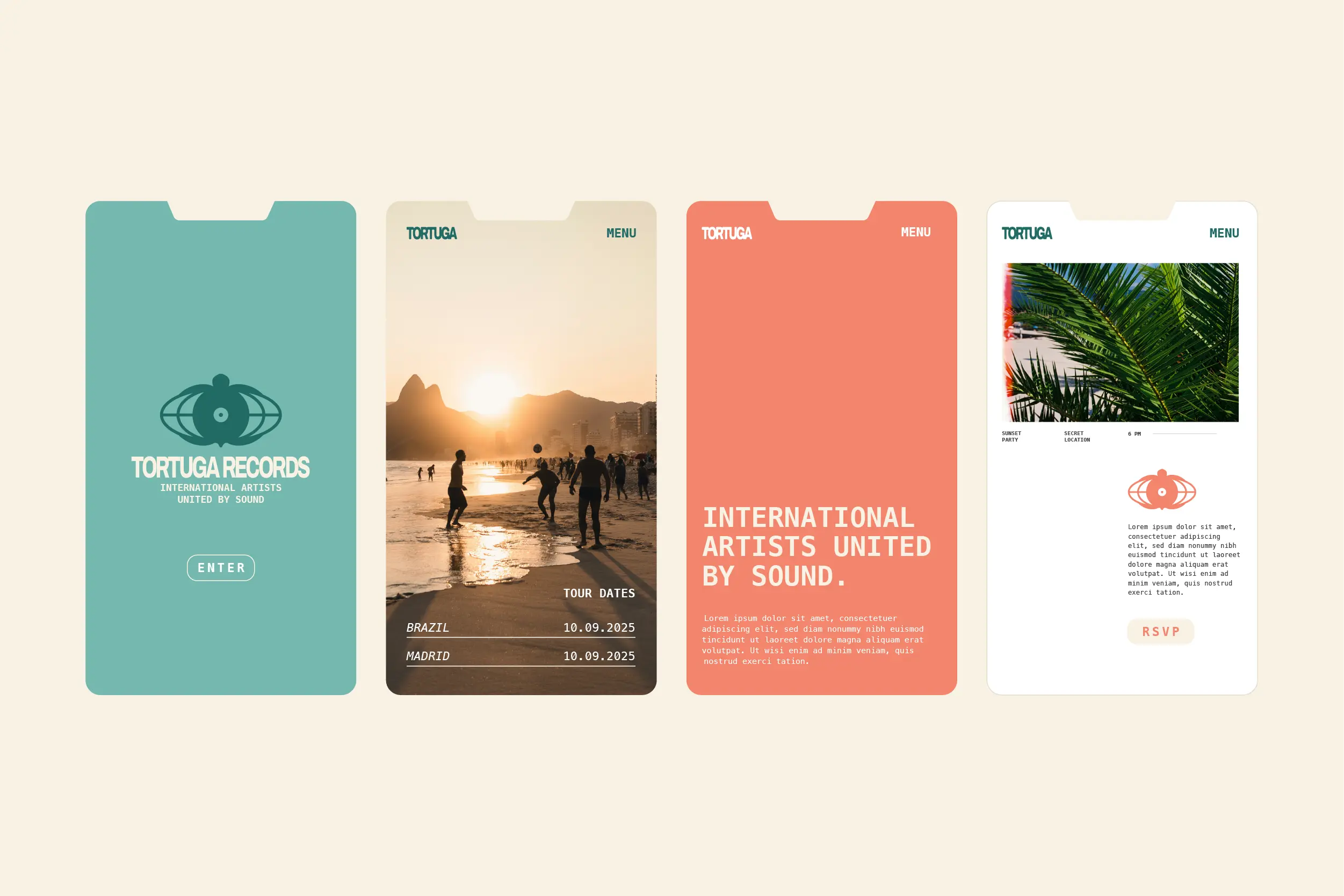 Mobile website mockups showcasing the Tortuga Records digital experience.