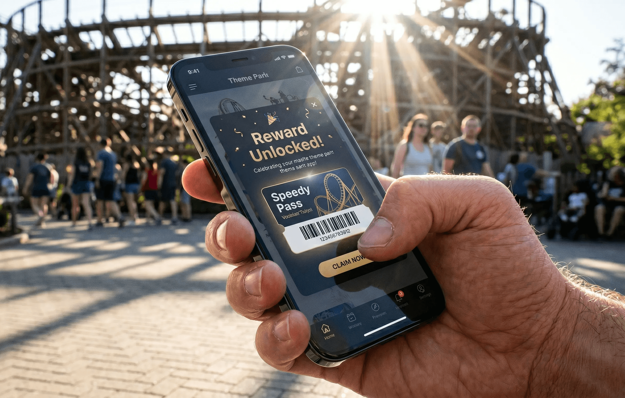 Eine Hand hält ein Telefon, das eine freigeschaltete Speedy-Pass-Belohnung vor einer belebten Warteschlange anzeigt