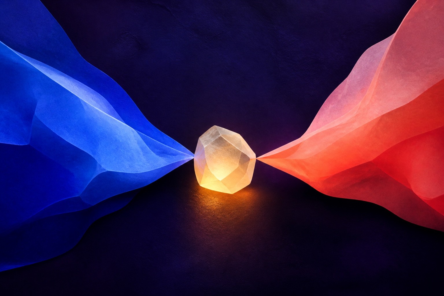 Blue and coral translucent currents meet at one luminous faceted stone.