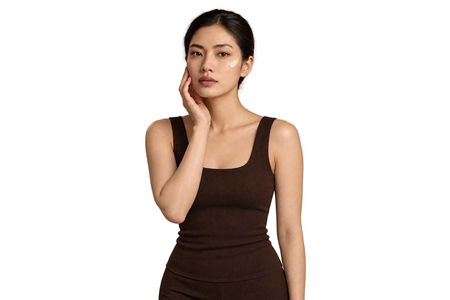 Model with complete shoulders, touching her cheek
