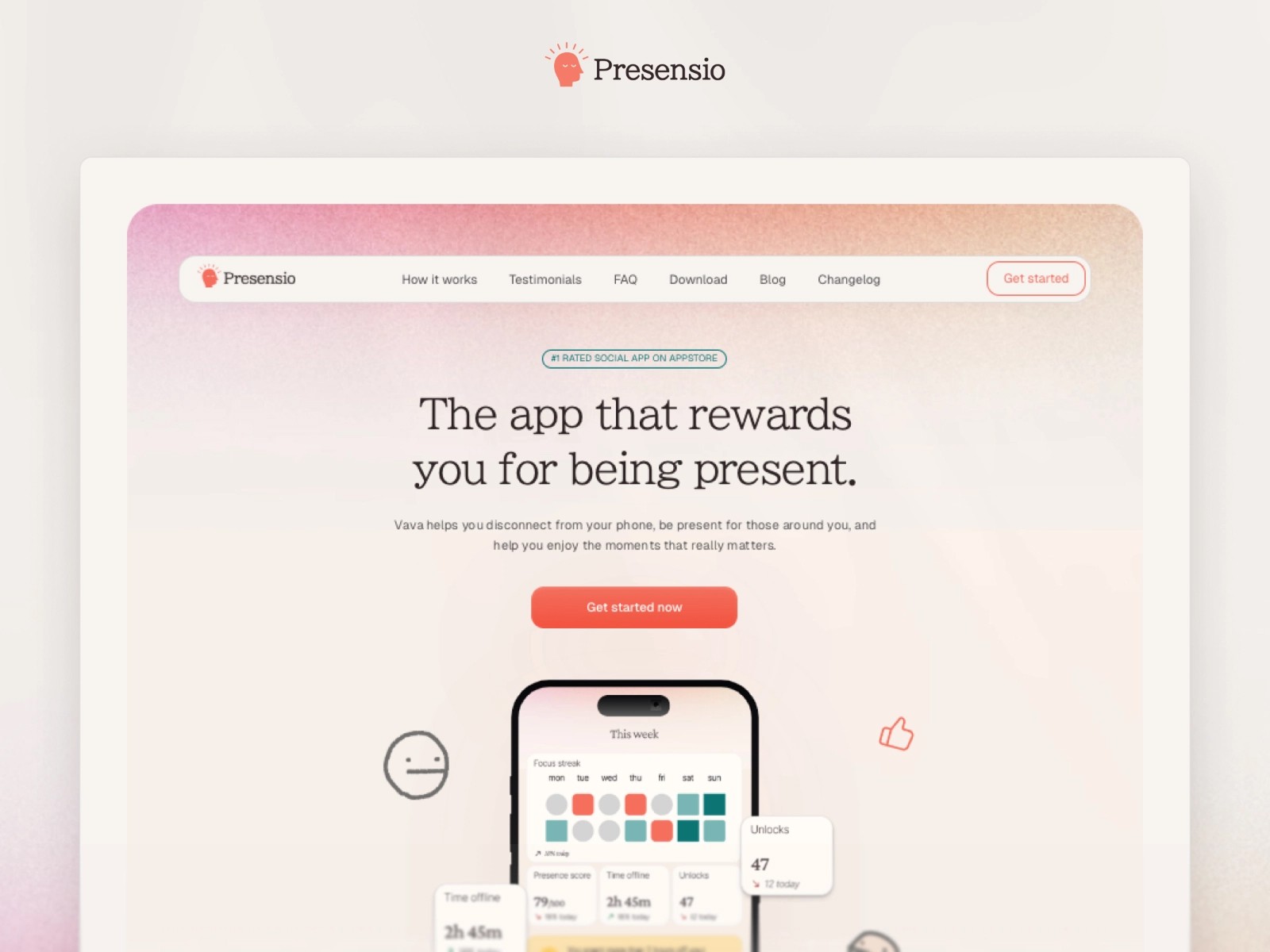App homepage with motto "The app that rewards you for being present."