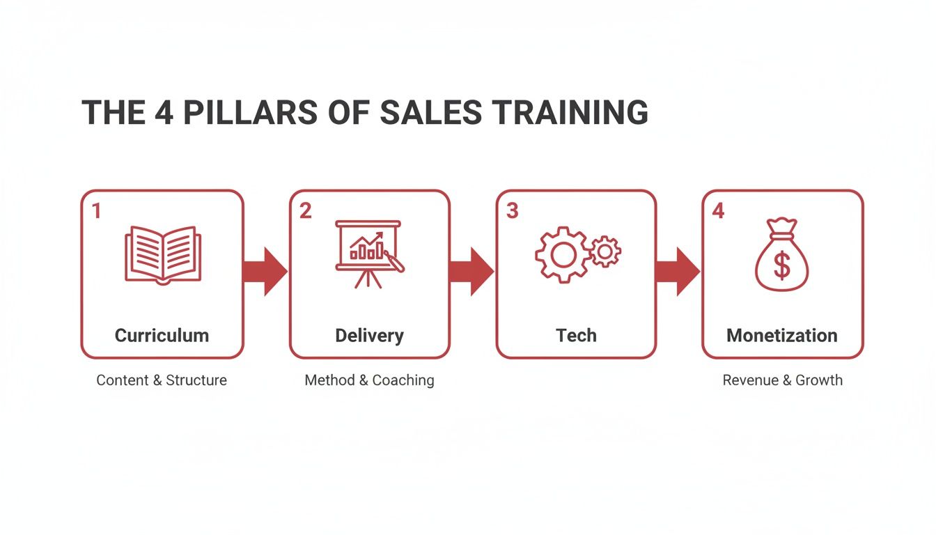 A diagram outlining the 4 pillars of sales training: Curriculum, Delivery, Tech, and Monetization.