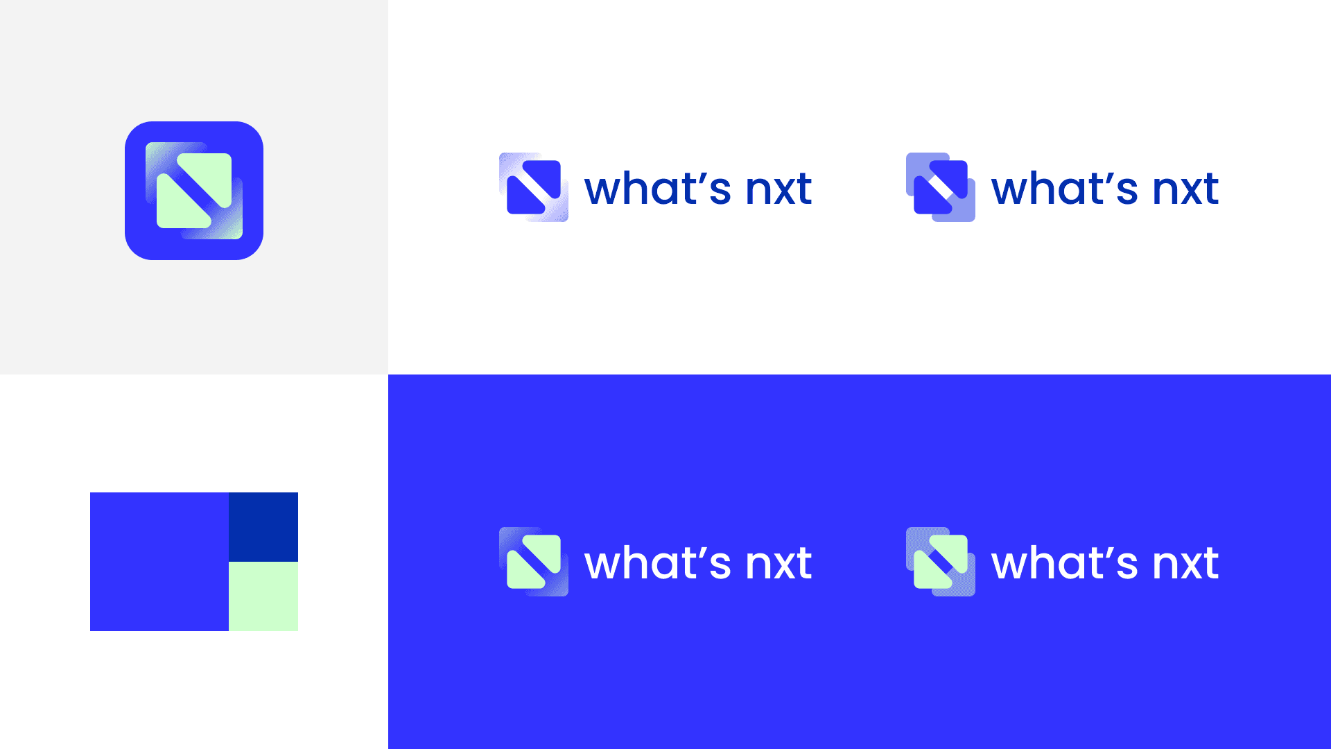 Final logos for "what’s nxt" feature a stylized arrow in shades of blue and green. They are set against white and blue backgrounds, conveying a modern and sleek feel.