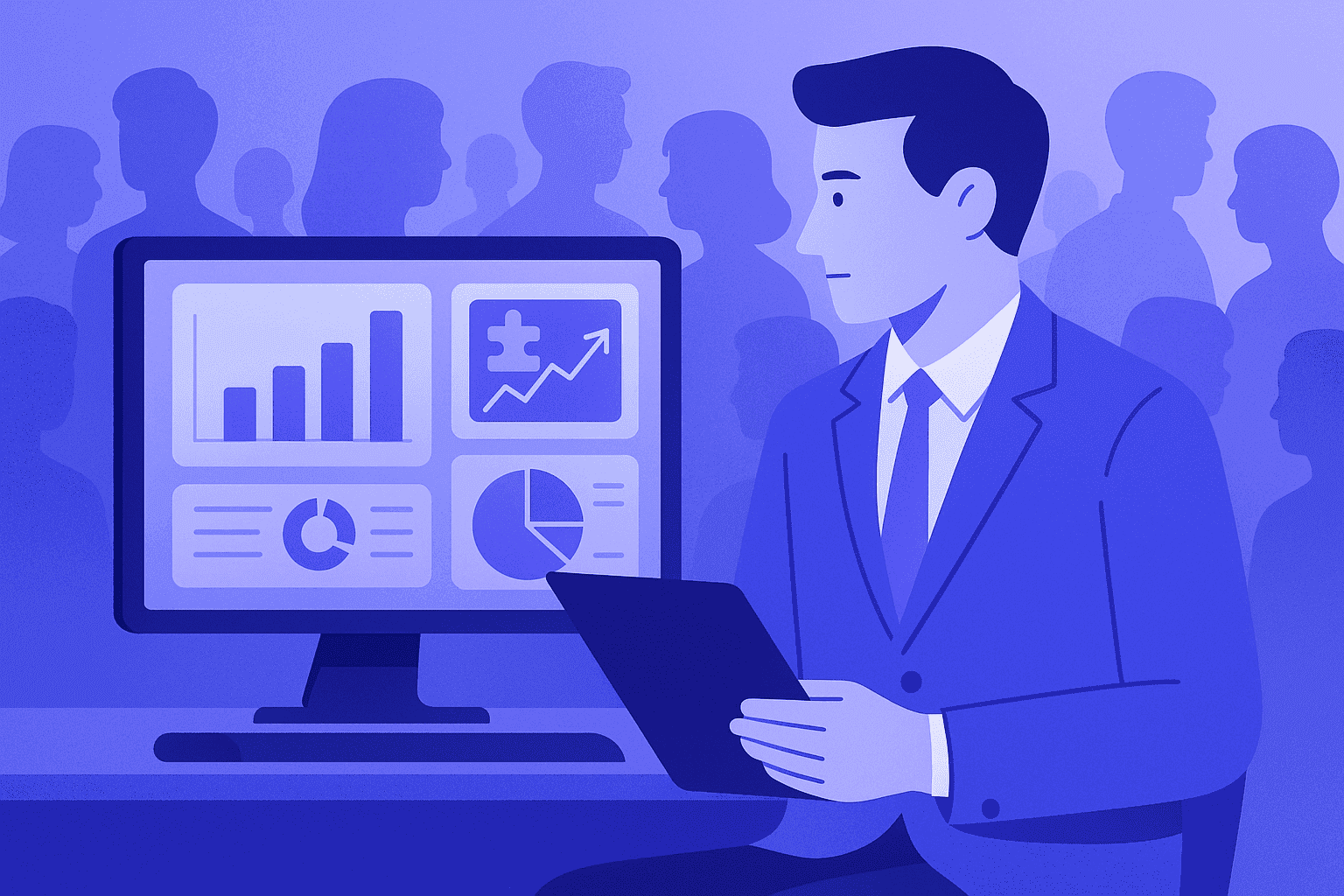 Flat-style digital illustration of a professional reviewing data dashboards with charts and graphs, representing employee monitoring, productivity insights, and balanced workplace oversight.