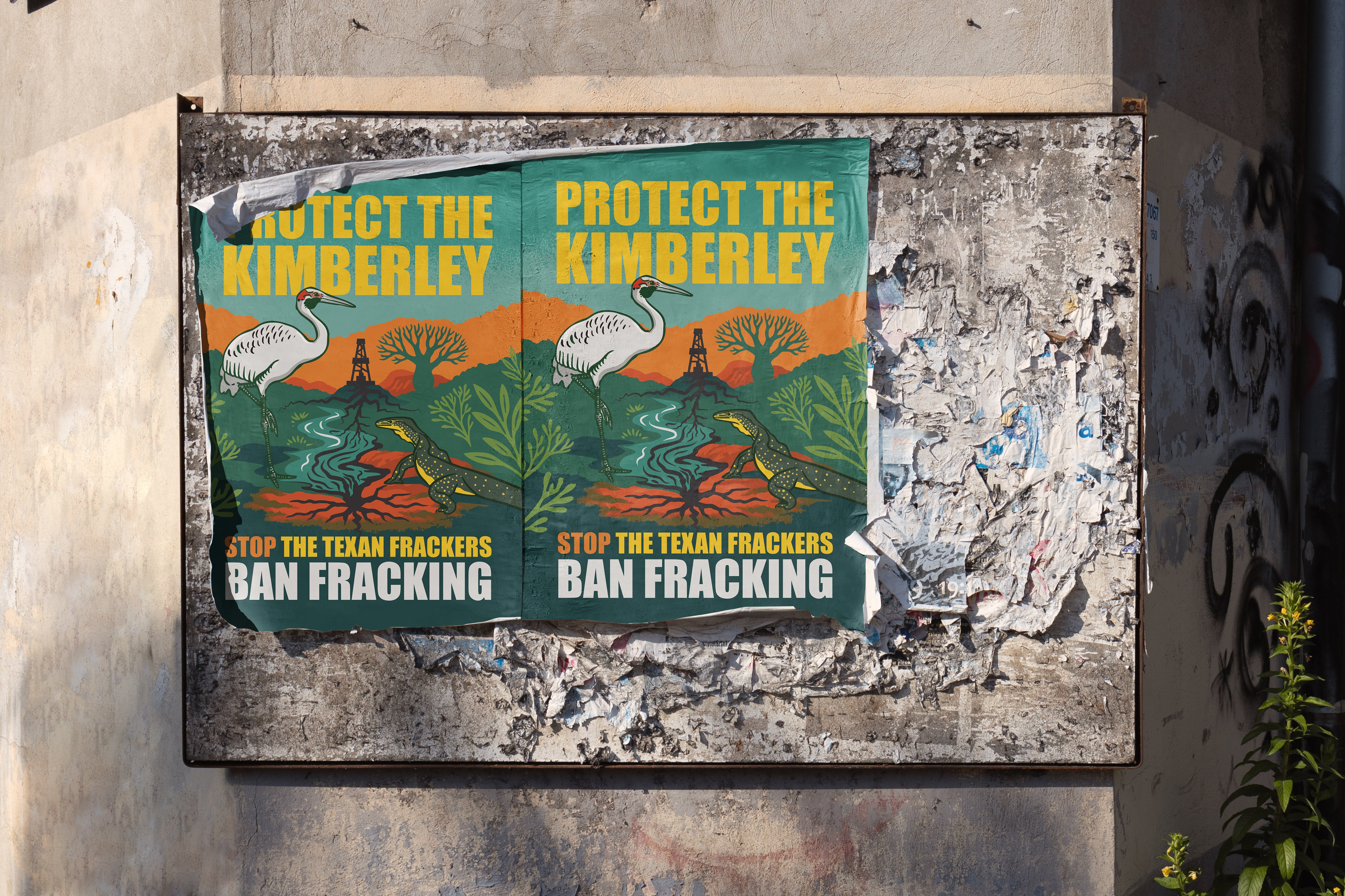 photo of Frack Free Kinberley illustrated and designed posters pasted on walls