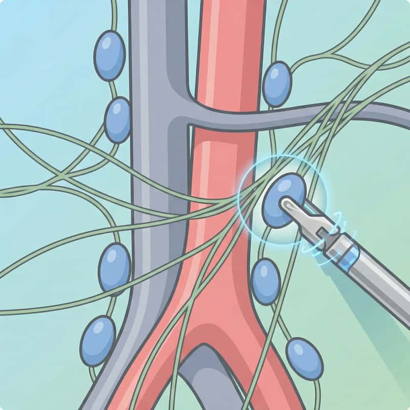 टेस्टिकुलर Cancer Icon इमेज में retroperitoneal lymph node basin को स्टाइलाइज्ड दिखाया गया है। एक robotic instrument critical ejaculatory nerves को बचाते हुए टेस्टिकुलर cancer के staging के लिए Retroperitoneal Lymph Node Dissection (RPLND) करता है।