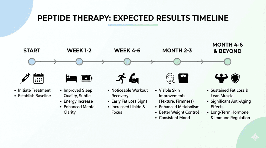 Peptide therapy results timeline showing typical improvements from week one through six months