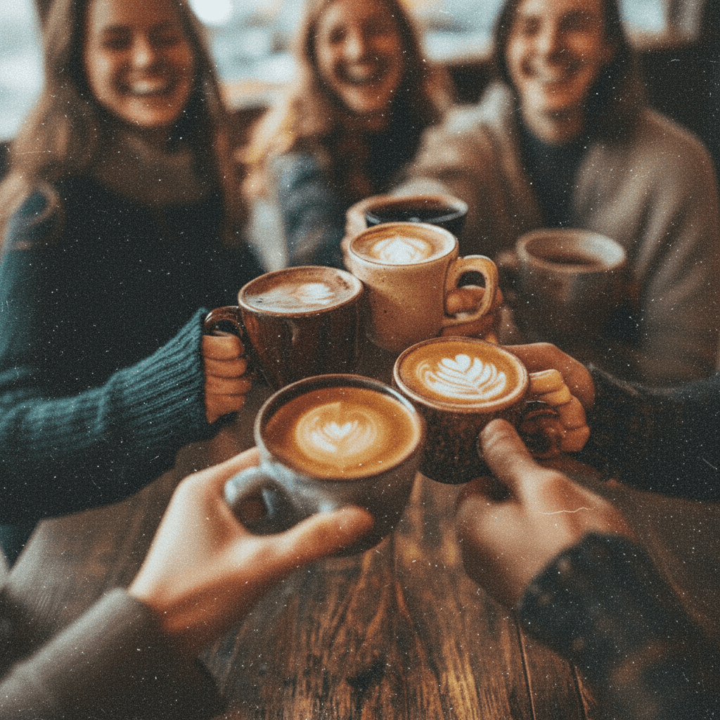 A group of four friends toast with mugs of coffee, smiling and enjoying their time together at a cozy cafe.