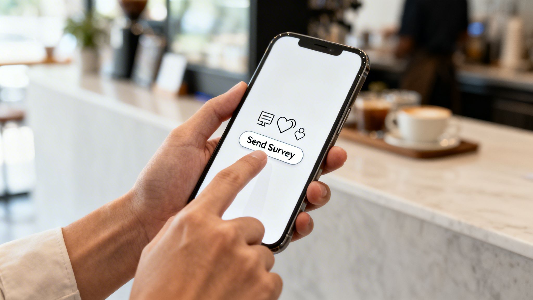 A person's hand taps 'Send Survey' on a smartphone screen in a modern cafe setting.