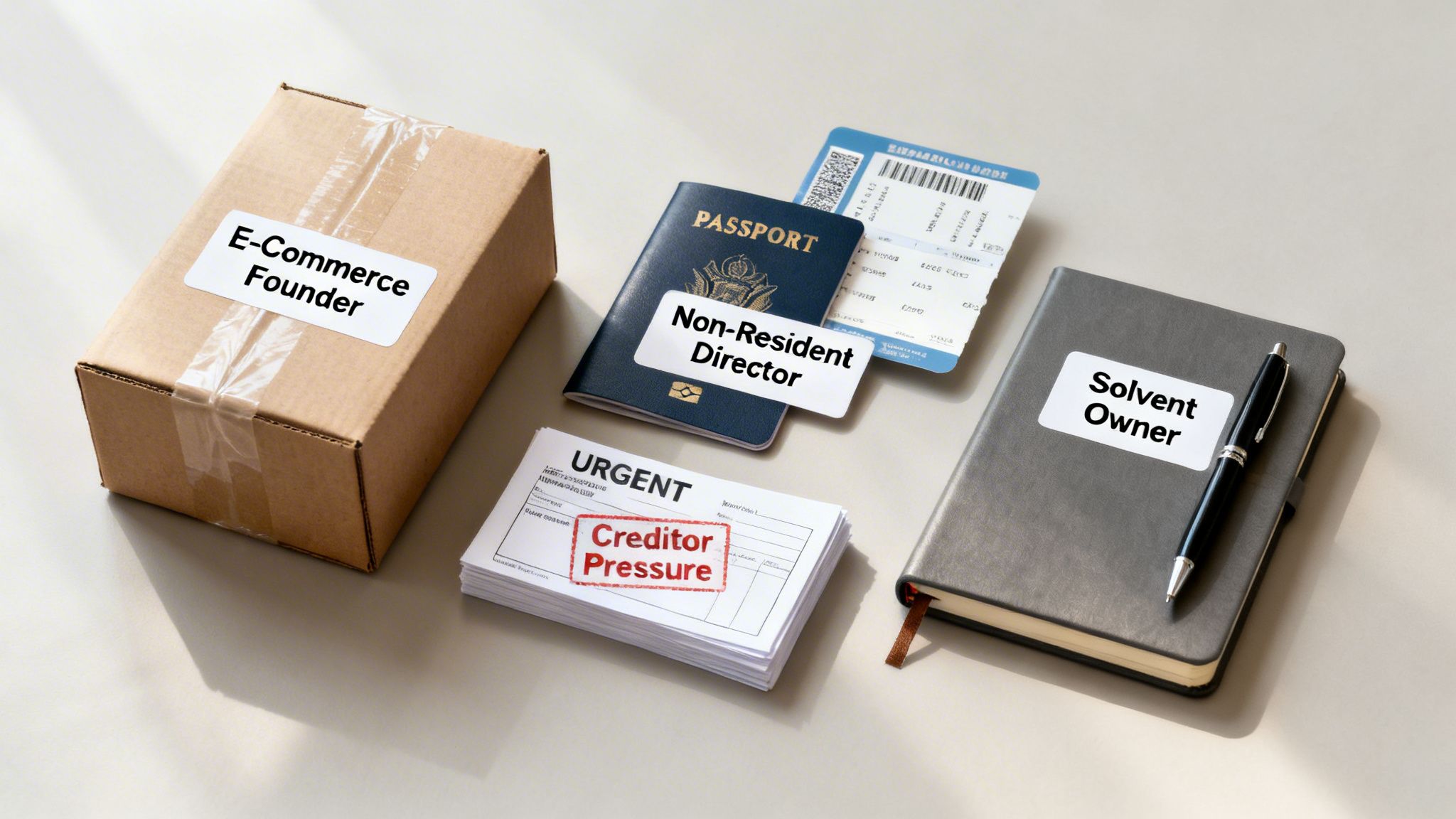 Labels 'E-Commerce Founder', 'Non-Resident Director', 'Creditor Pressure', 'Solvent Owner' on business items.