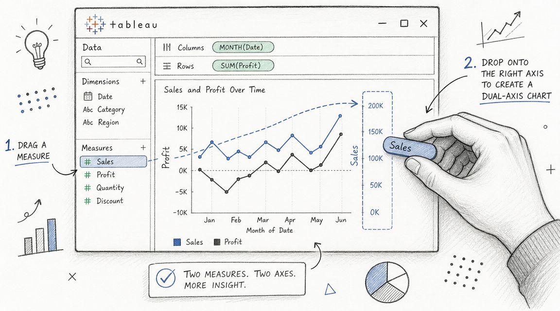 An illustration showing how to create a dual-axis chart in Tableau by dragging a measure onto an axis.
