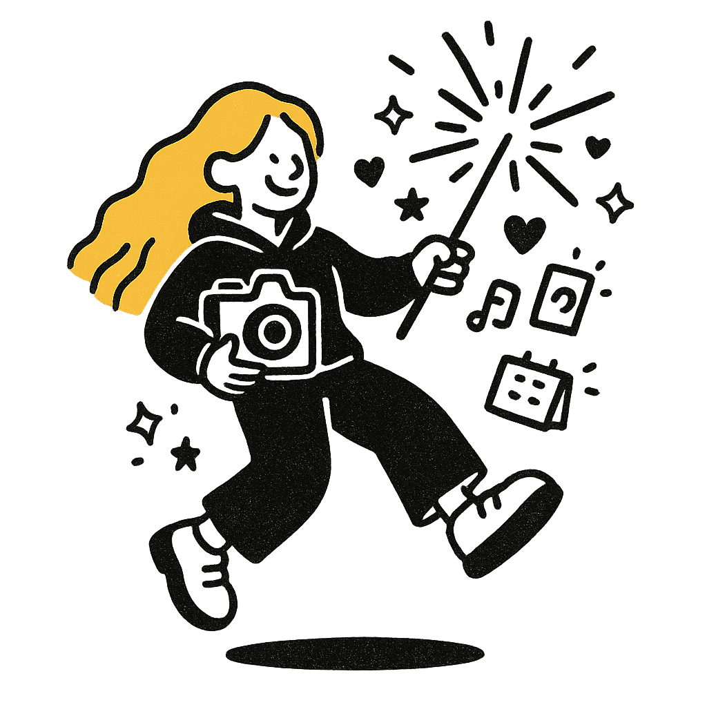 Illustration of female icon holding a sparkler and a camera on her way to write some copy for a new business