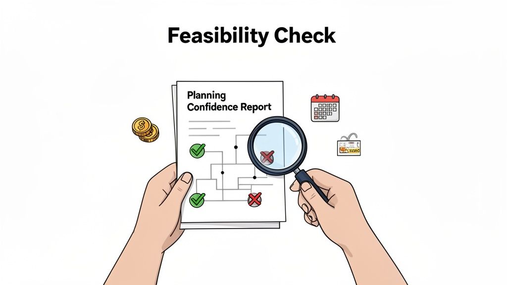 Hands hold a 'Planning Confidence Report' being examined by a magnifying glass, showing checks and crosses.