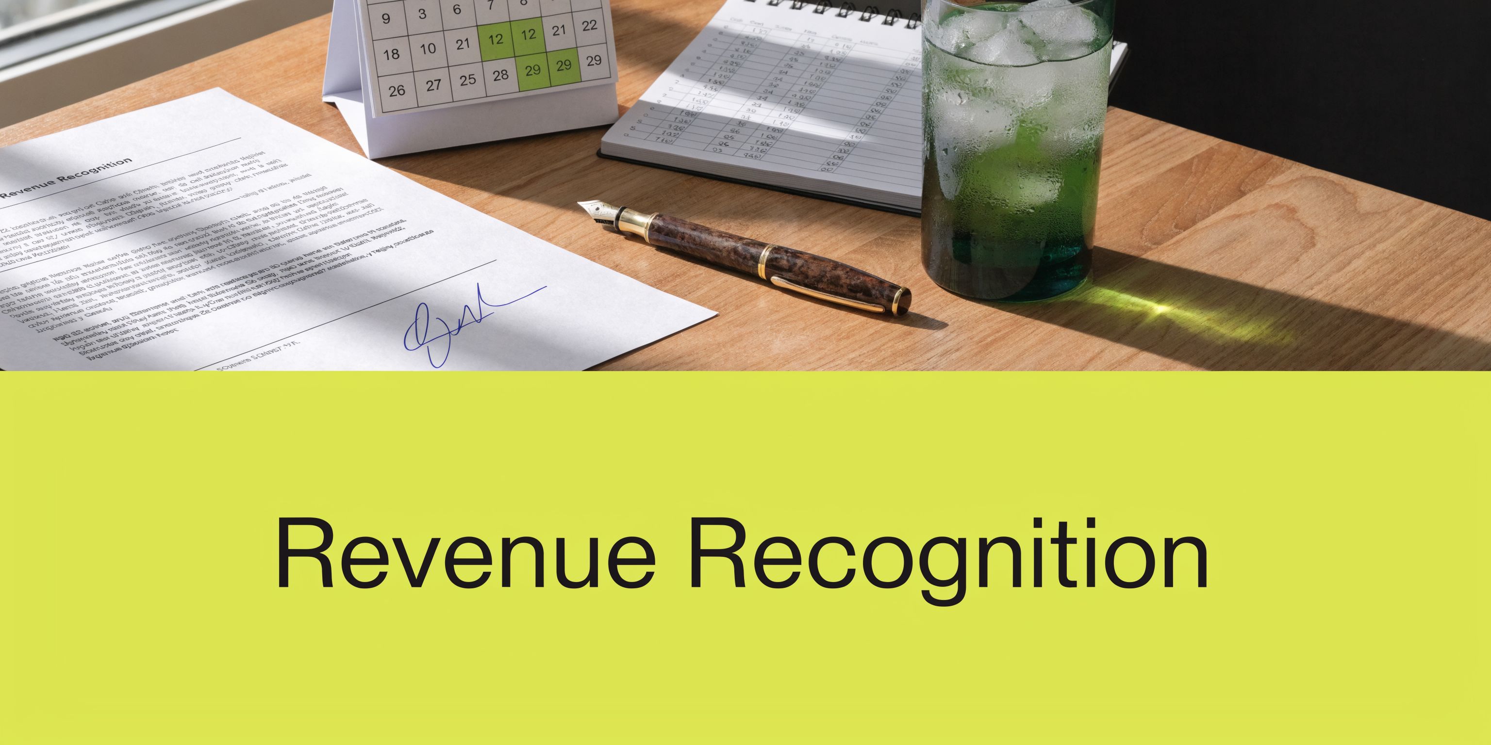 A wooden desk featuring a document titled Revenue Recognition, a fountain pen, a calendar, and a glass of water.
