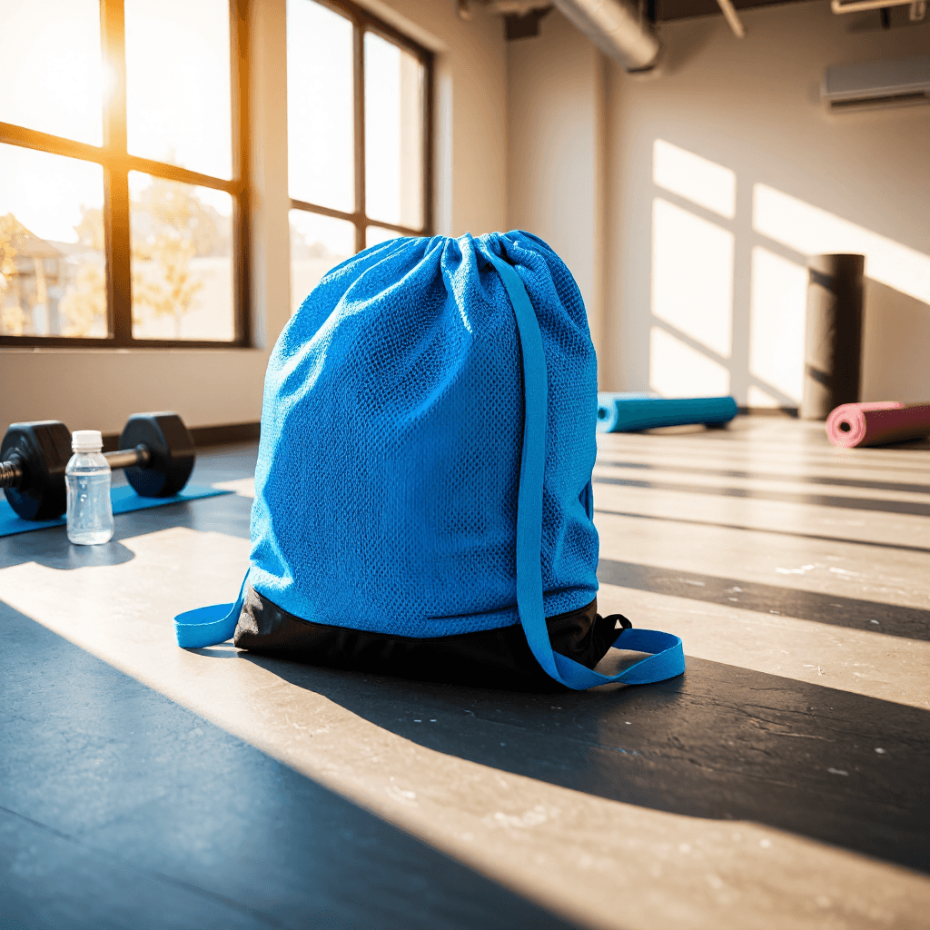 product photography of a drawstring backpack made of mesh fabric, suitable for carrying personal items