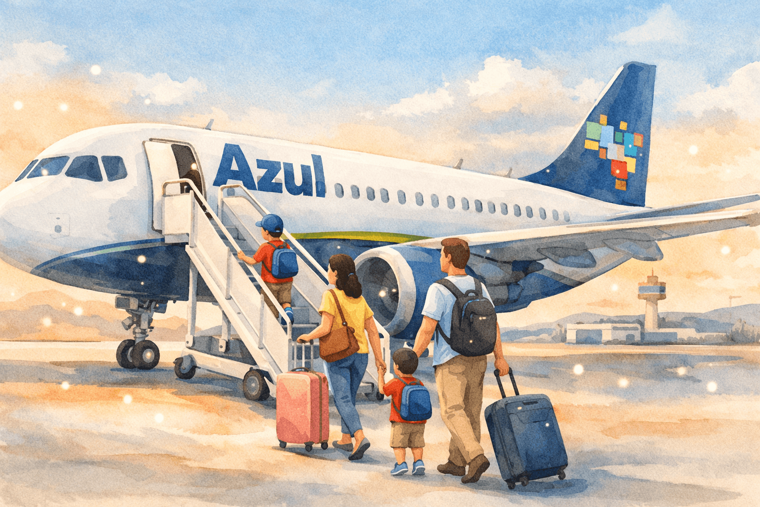 Ilustração em aquarela digital mostrando família embarcando em avião azul com malas em pista de aeroporto, representando o uso de pontos TudoAzul para planejar viagens.