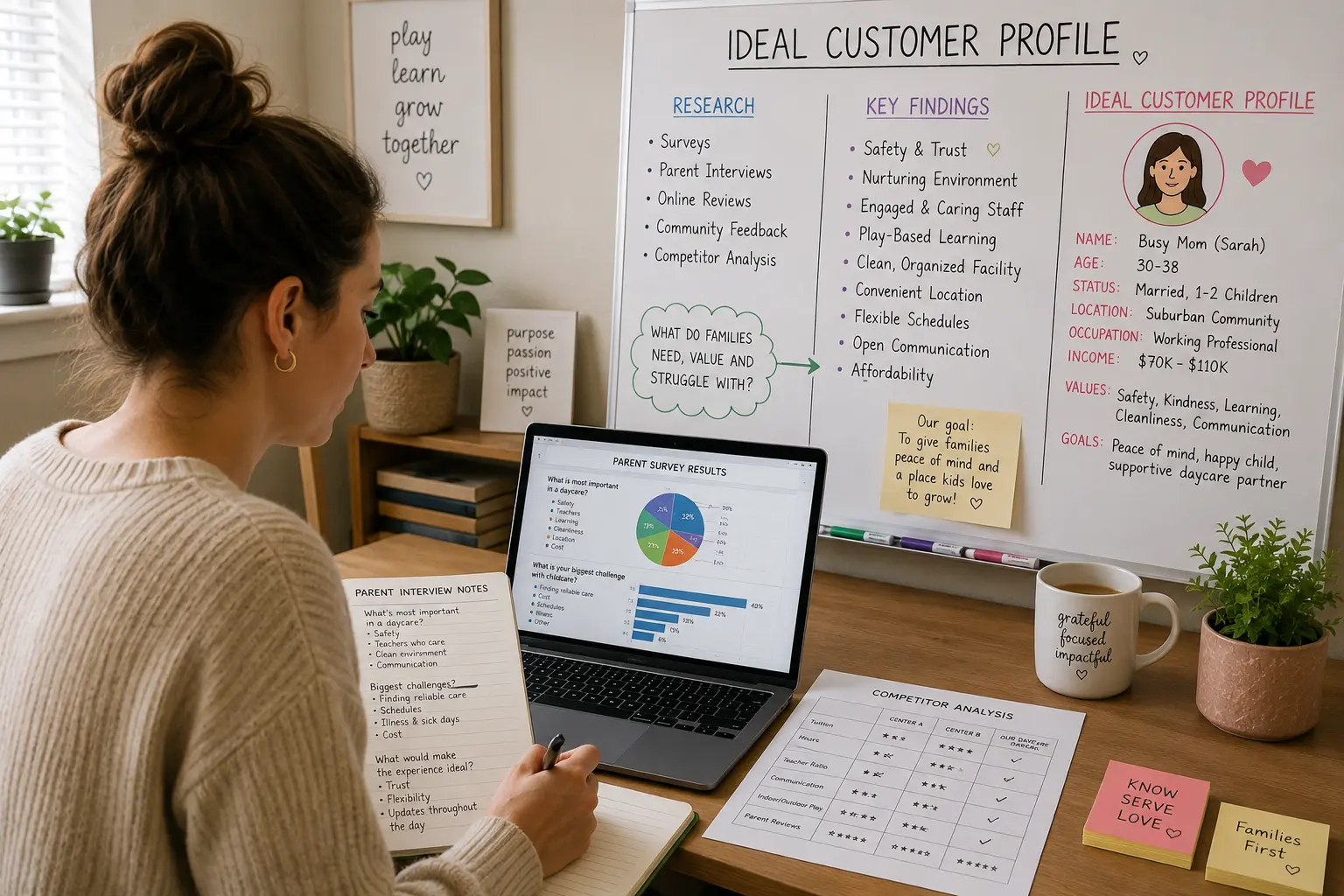 a woman sits at her desk doing research in front of a whiteboard that says "ideal customer profile"
