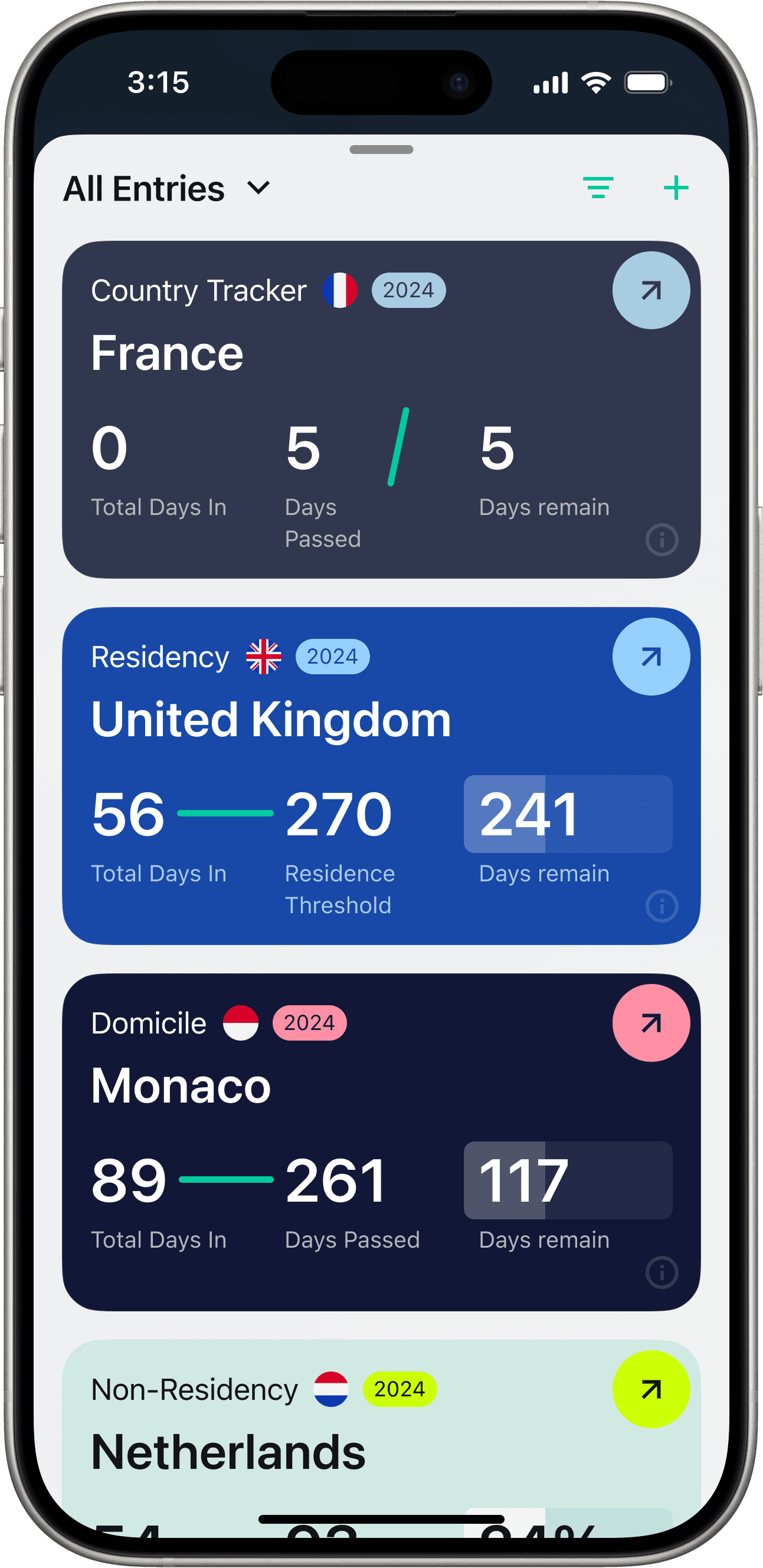Interactive bottom sheet UI in iOS app showing country-based residency trackers – includes tax residency and visa compliance data for UK, France, Monaco, Netherlands. Designed for digital nomads and expats to monitor stay duration across multiple countries. Mobile UX for international lifestyle apps.