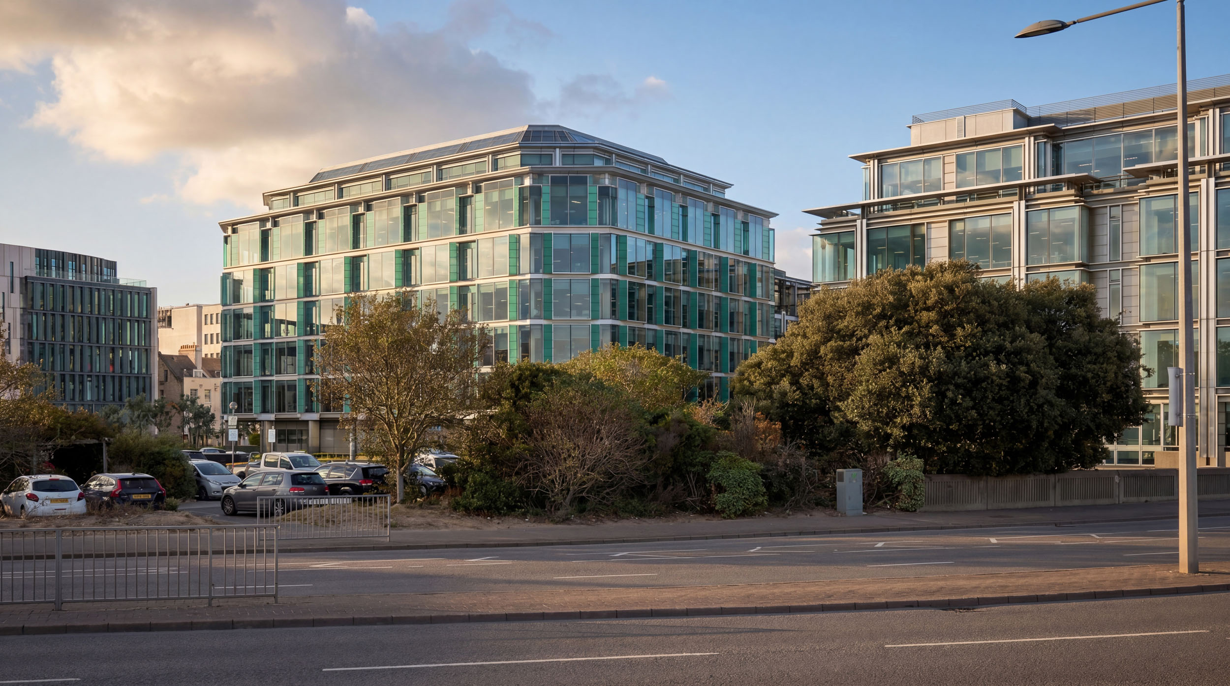 Architectural CGI render of modern buildings.