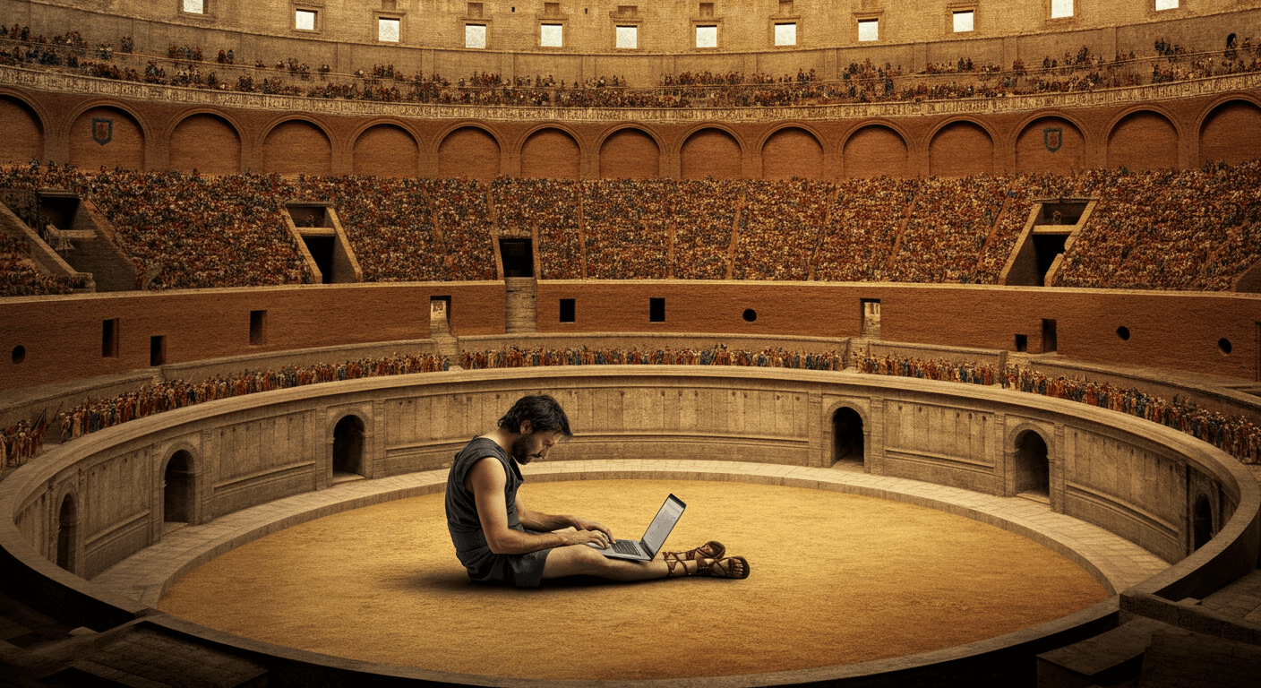 A man sat alone in a gladiatorial colleseum