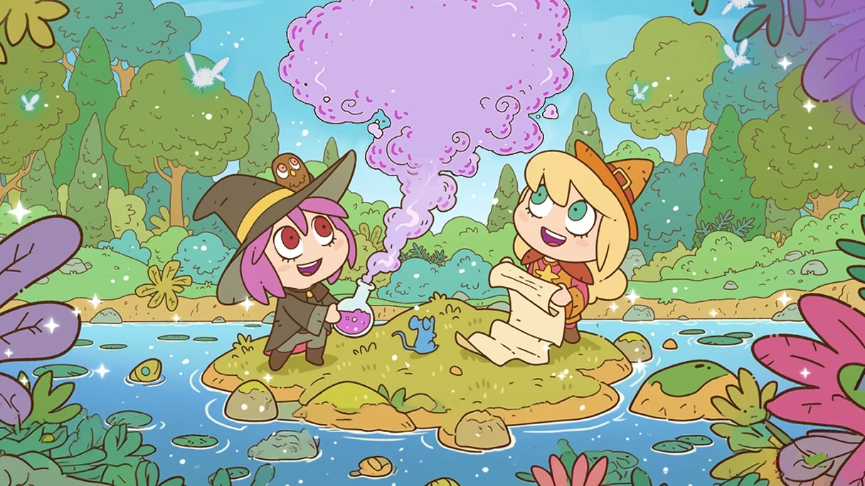 Two fantasy characters sitting by a stream in a magical forest.