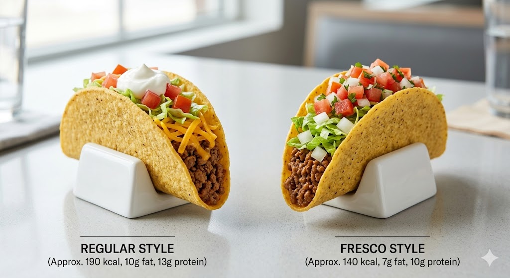 An annotated food comparison of a regular Taco Bell taco vs. a Fresco style taco. The image displays a side-by-side view with specific data on approximate calories (190 kcal vs. 140 kcal), fat (10g vs. 7g), and protein (13g vs. 10g). The left taco is regular style, and the right taco is fresco style.