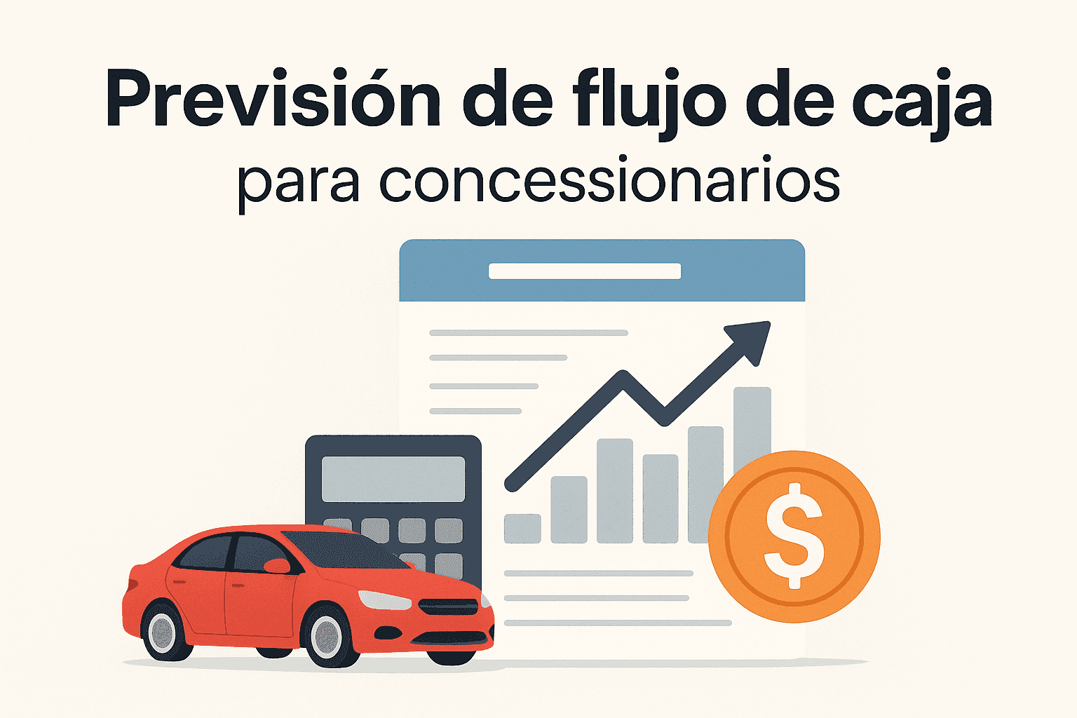 Cash flow forecast for motor dealerships with charts, calculator, and car.
