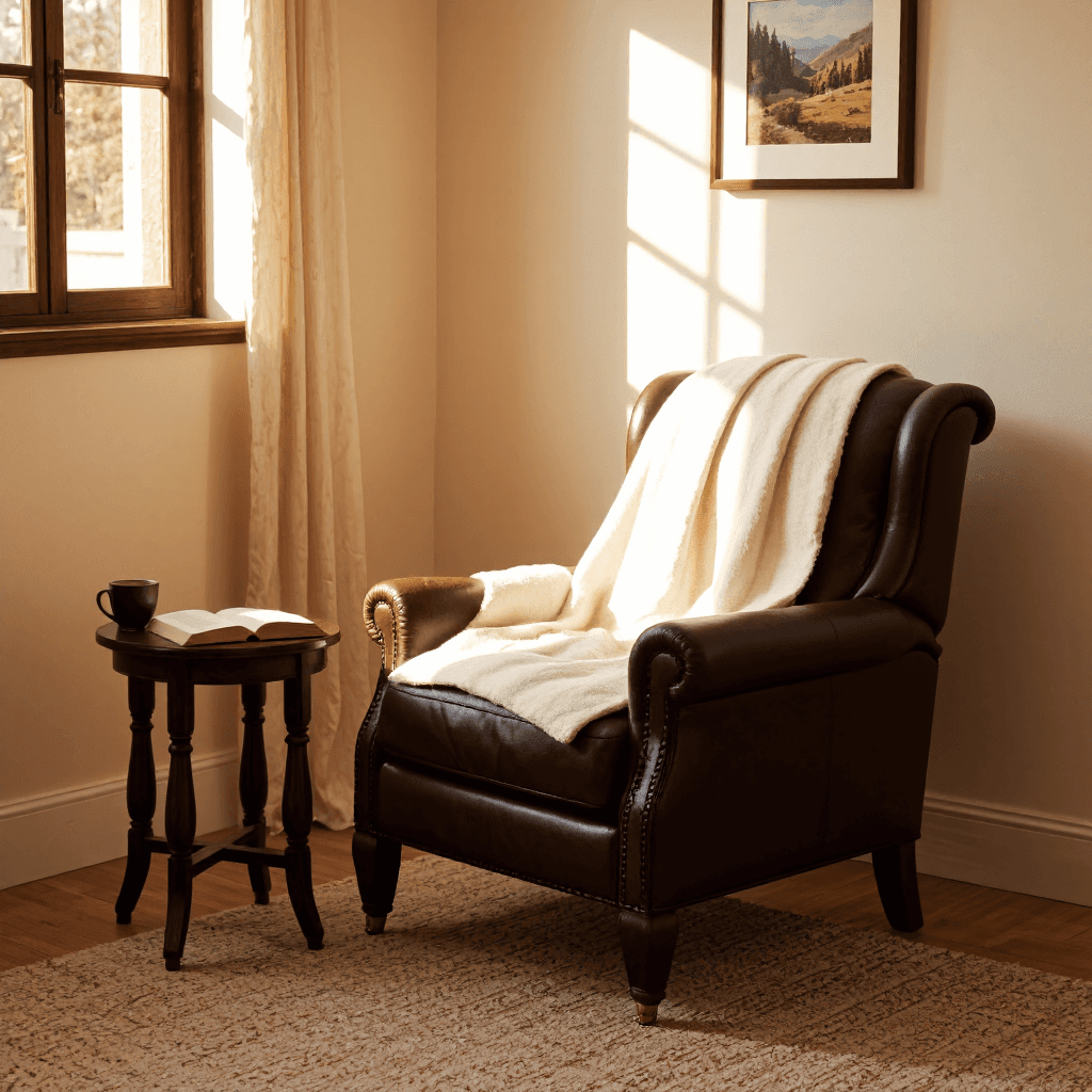 product photography of Armchair with Blanket and Accessories