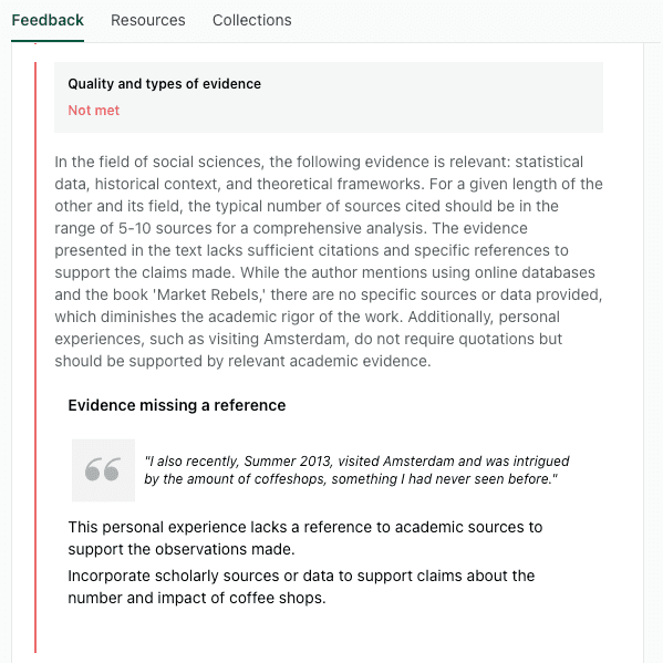 Screenshot of thesify's pre-submission review panel showing a red evidence warning with a detailed explanation of missing academic sources and an example quotation that needs a reference.