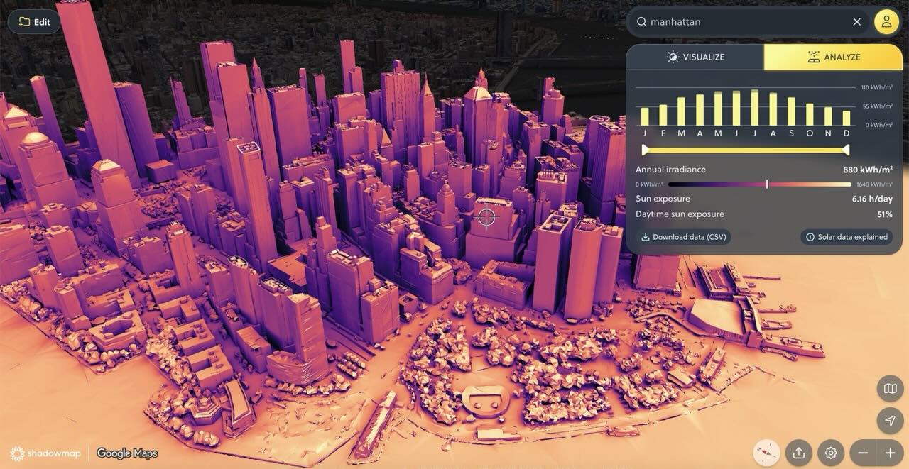 Shadowmap offers 3D solar analytics for BIPV heatmap solar yield annual irradiance sunlight hours exposure CSV download