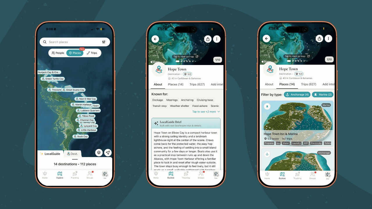 Three SeaPeople app screens showing destination profiles with SeaPeople Scores, Local Guide insights, and ranked places within Hope Town.