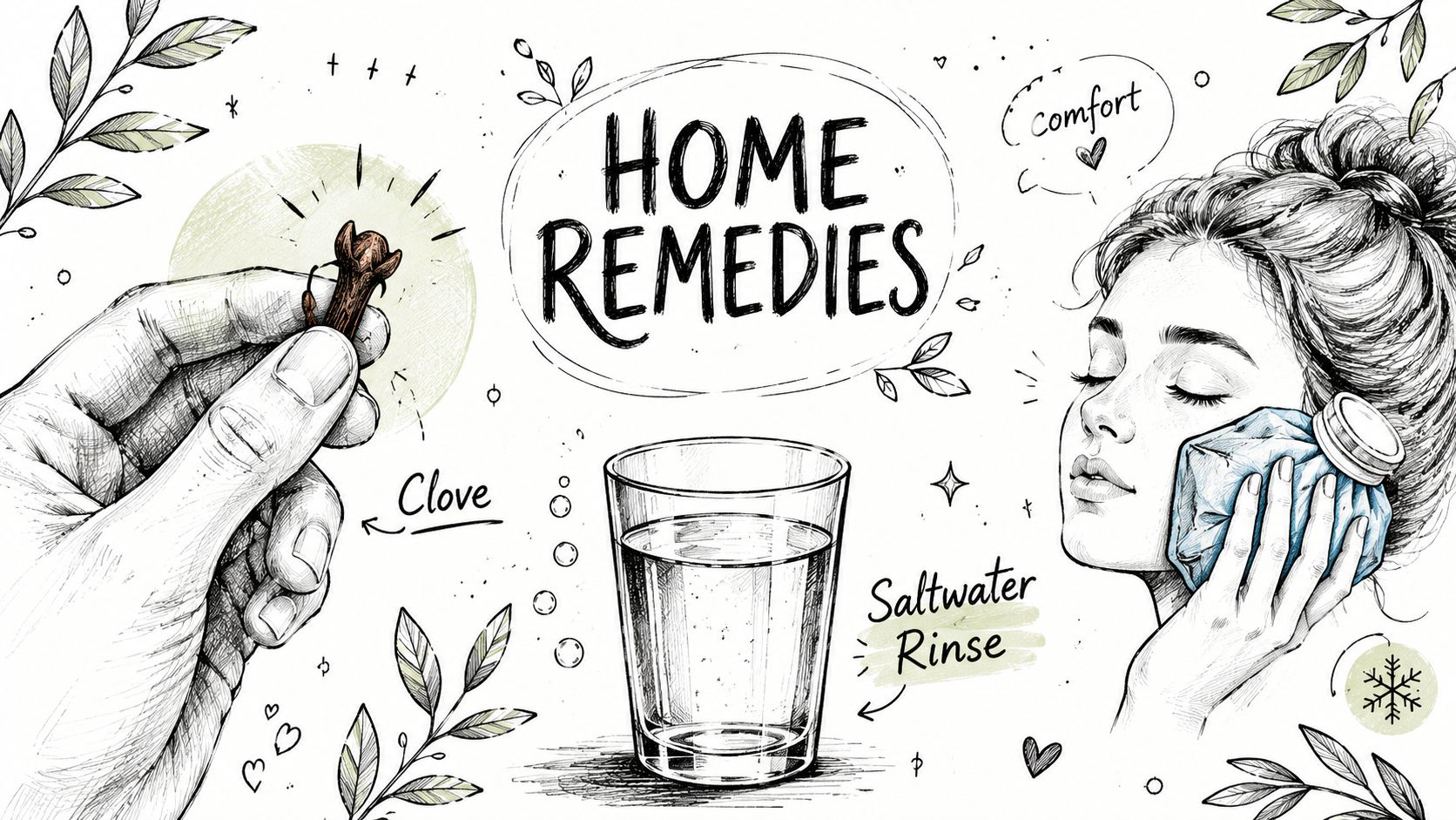 A hand-drawn illustration depicting natural home remedies for toothaches, including cloves, saltwater rinses, and cold compresses.