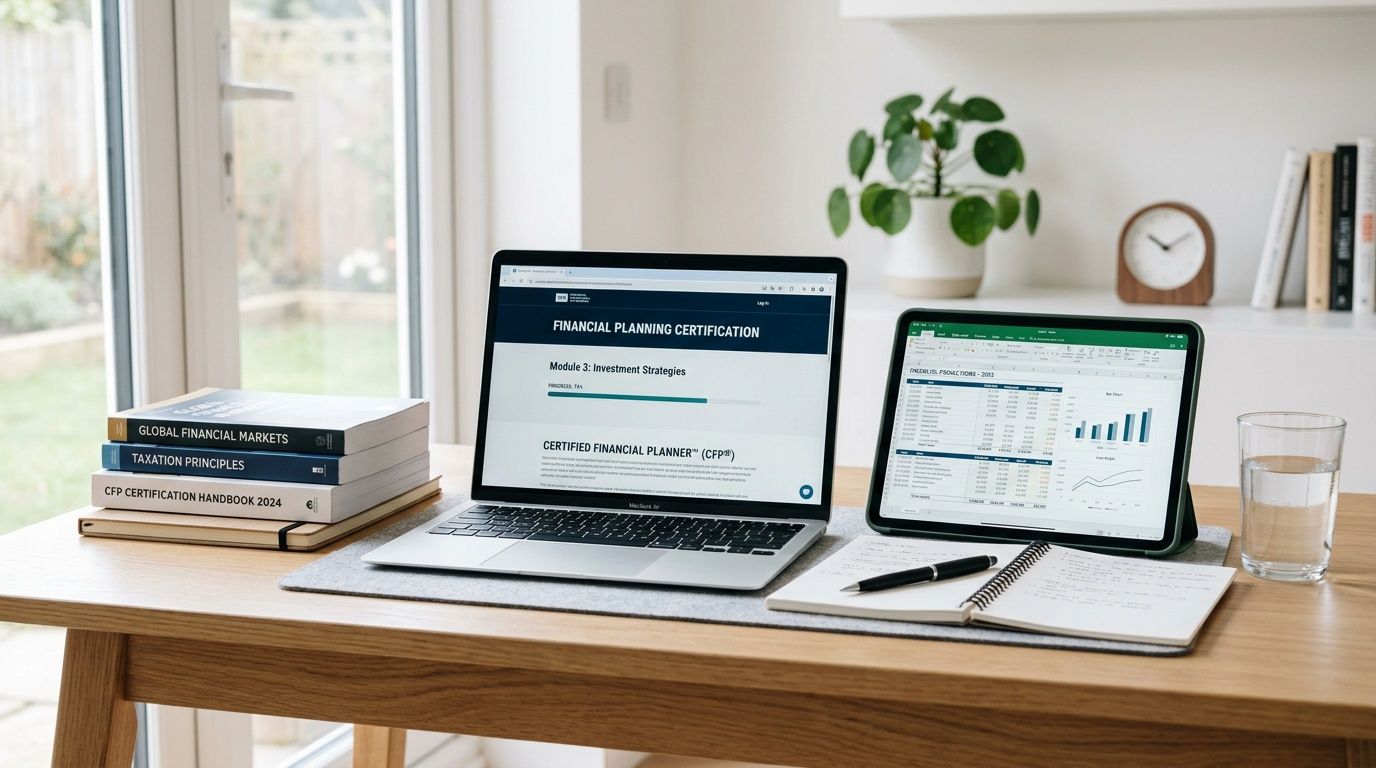 A modern home office setup with a laptop, tablet, notebook, and finance textbooks on a wooden desk.