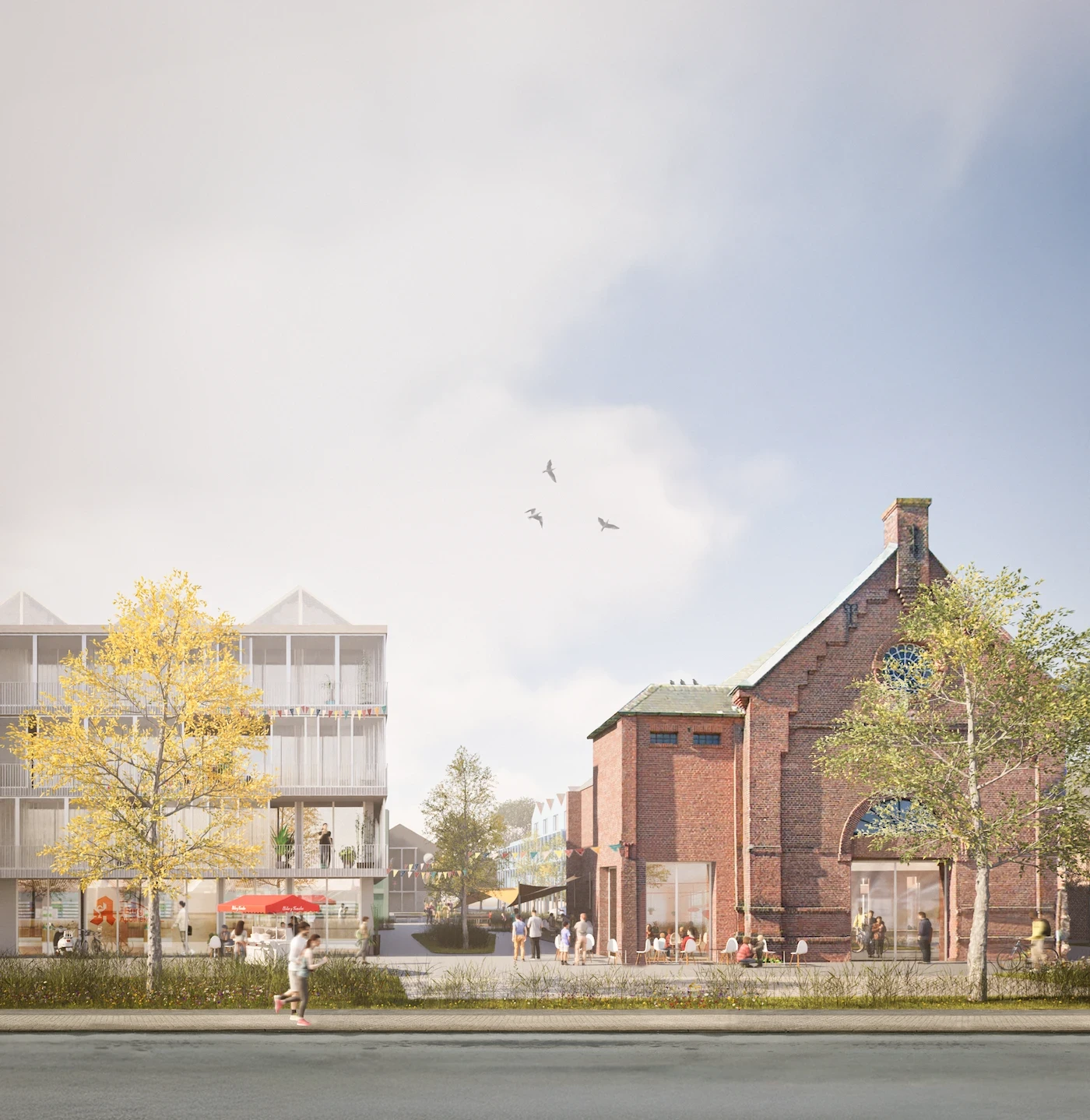 Isometrische Zeichnung eines Bauprojekts mit mehreren Gebäuden und markierten Strukturen in Rot