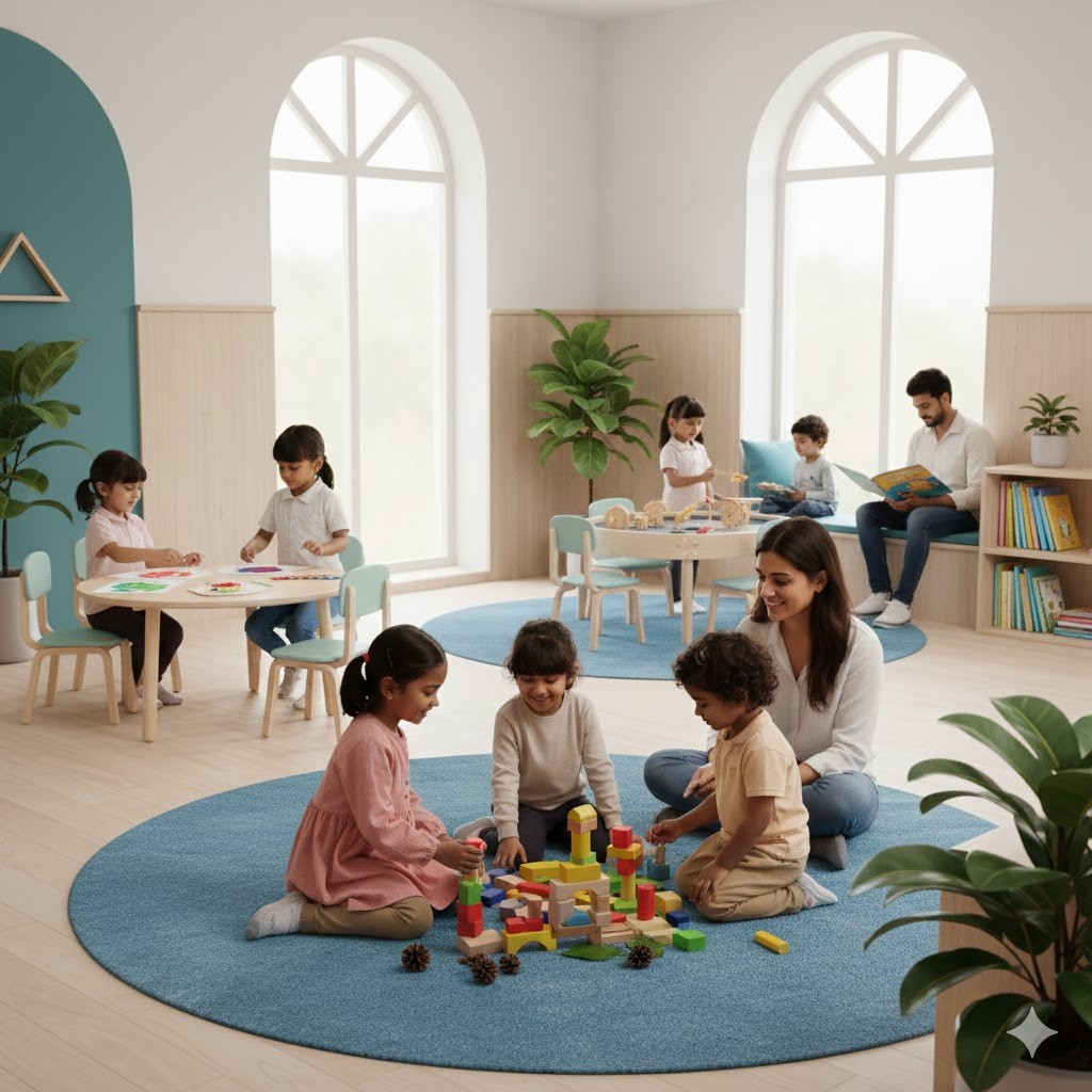 A school building stands against the backdrop of a clear sky