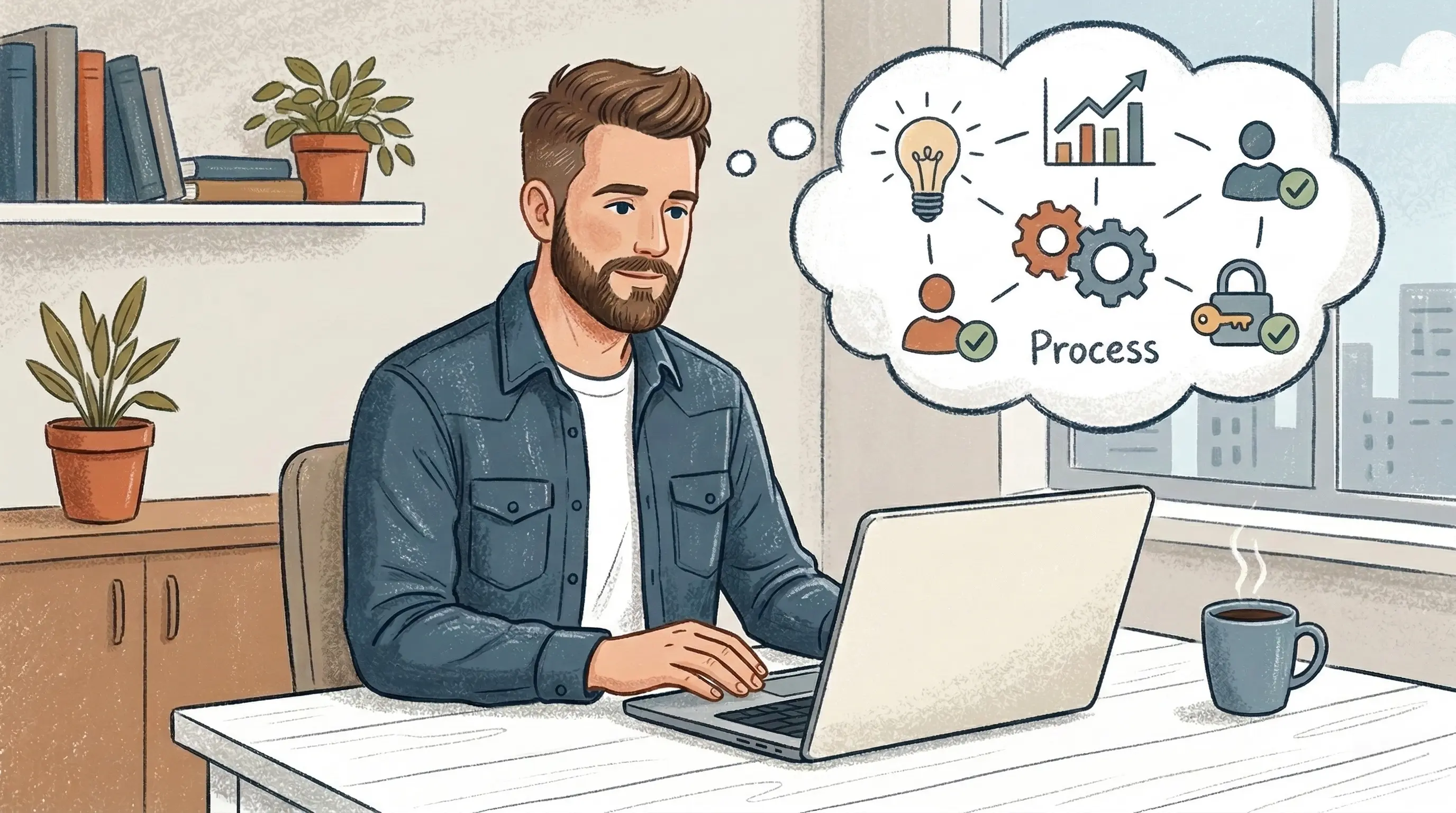 An illustration of a founder calmly reading an email on their laptop, with a thought bubble showing them processing constructive feedback instead of getting upset