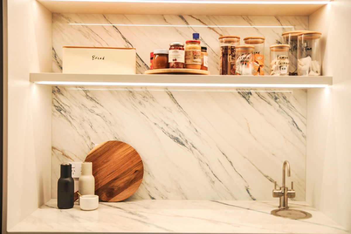 Beautiful pantry view including shelving and tap work in Maraetai kitchen renovation