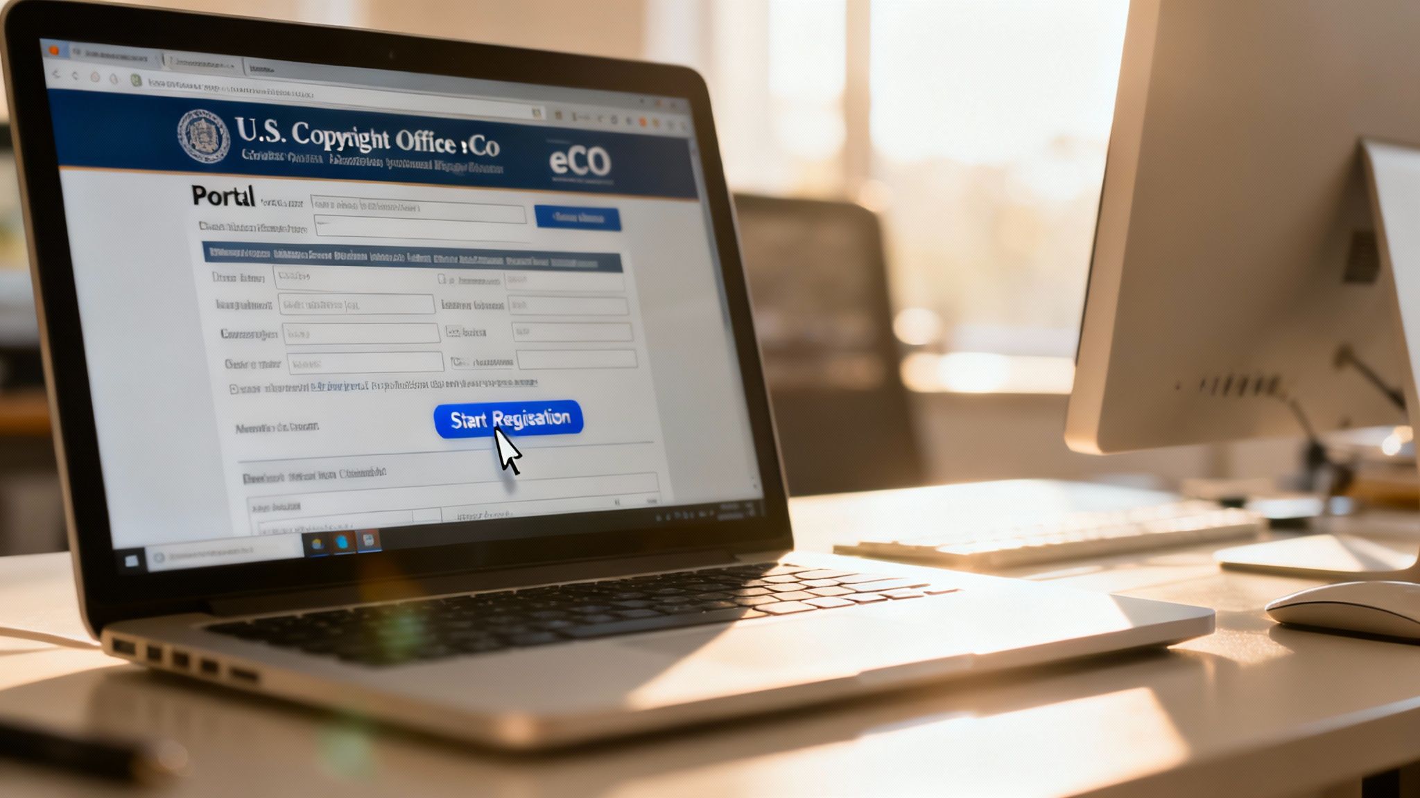 A person's hands on a laptop keyboard, navigating an official-looking website, representing the online copyright registration process.