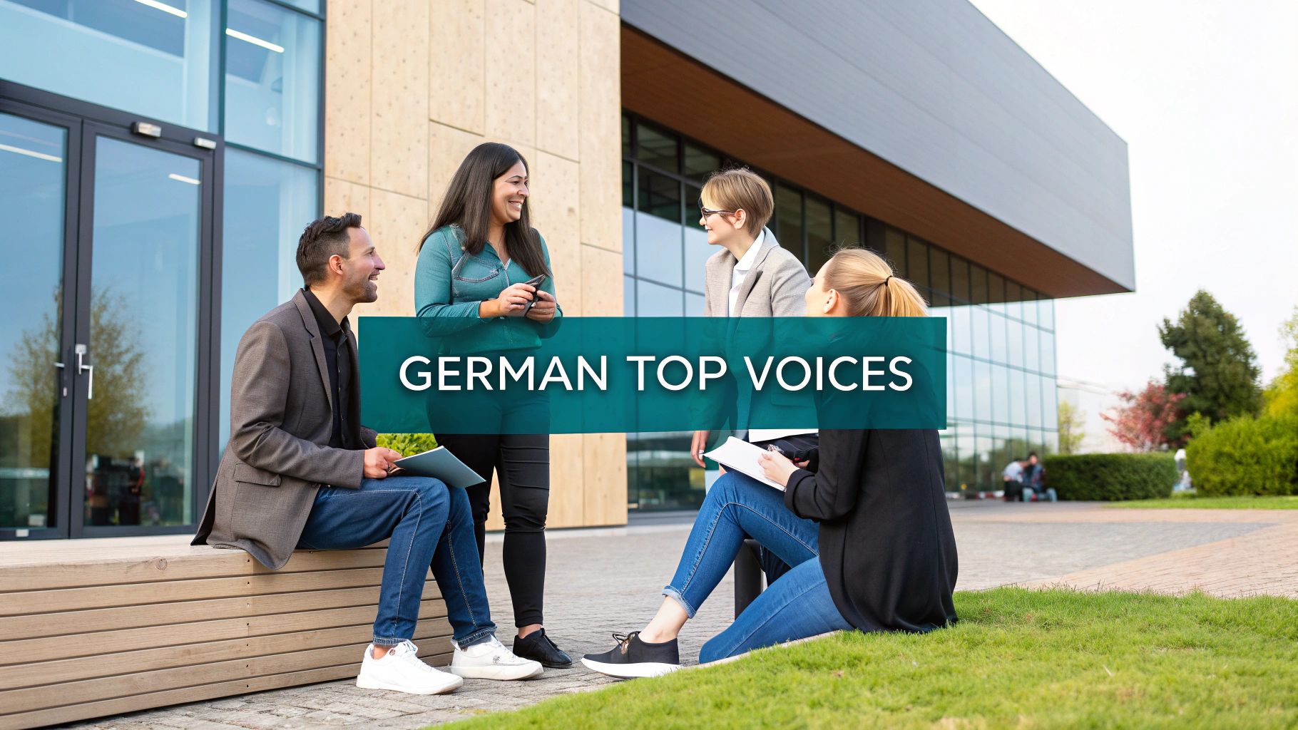 Four professionals are engaged in an outdoor discussion near a modern building, with a 'GERMAN TOP VOICES' overlay.