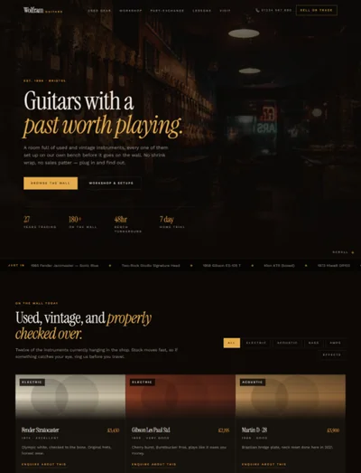 Guitar shop website template preview with used gear wall and repair workshop
