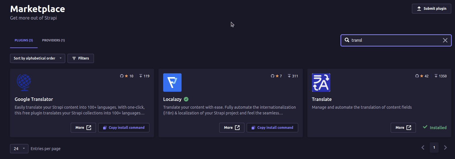 Recherche des plugins de traduction dans le marketplace de Strapi